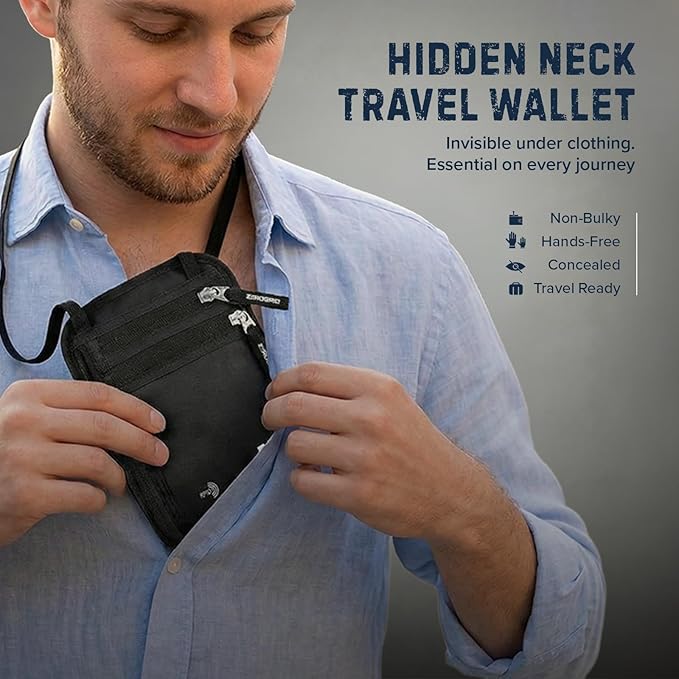 Neck Wallet for Travel & Passport Holder with RFID Blocking - Slim & Easy to Conceal Nylon Travel Pouch for men & women - Holds Phone, Cash, Cards, Keys - Sweat & Water Resistant - Large - Black