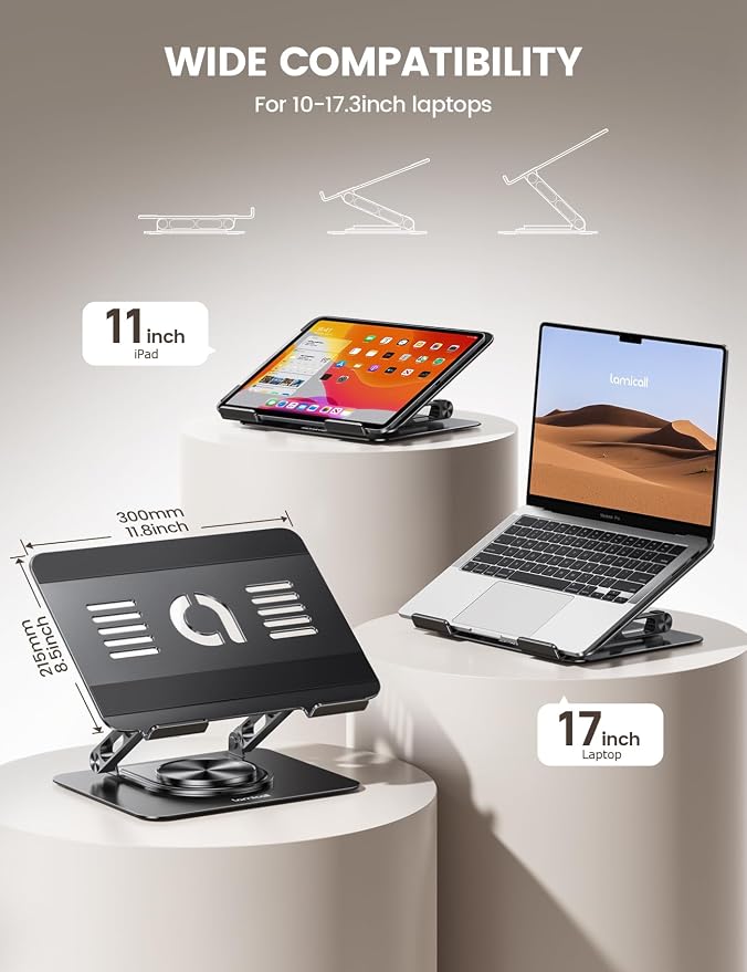 Lamicall Adjustable Laptop Stand for Desk - 360 Rotating Base Ergonomic Computer Stand, Aluminum Laptop Riser Foldable Protable for Office Home fits MacBook Neo Air Pro, Dell, HP (10-17.3'') - Black