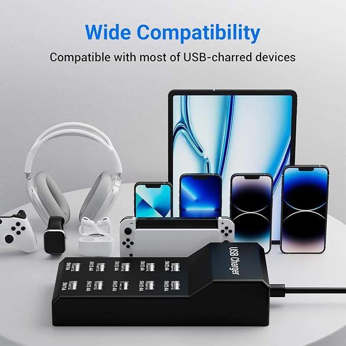 10-Port USB Charger Station, 50W10A Multiport Charger Hub for iPhone, Galaxy, iPad & More, 3.3FT