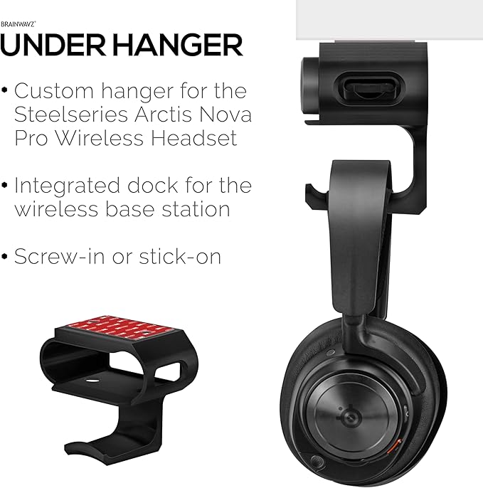Under Desk Headphone Hanger Stand for Steelseries Arctis Nova Pro Wireless Headsets with Dock for the Wireless Base Station by Brainwavz (HPS02)