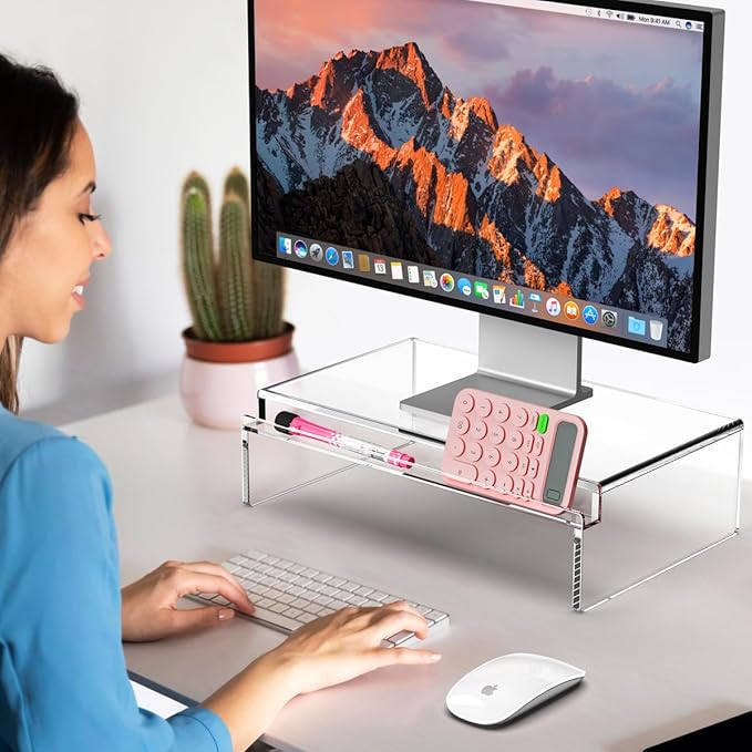 Crpich Clear Acrylic Monitor Stand Riser with Slot for Desk Accessories Organizer, Ergonomic Desktop Organizer for Computer, Laptop, Screen ??Sleek & Durable Design for Office or Home