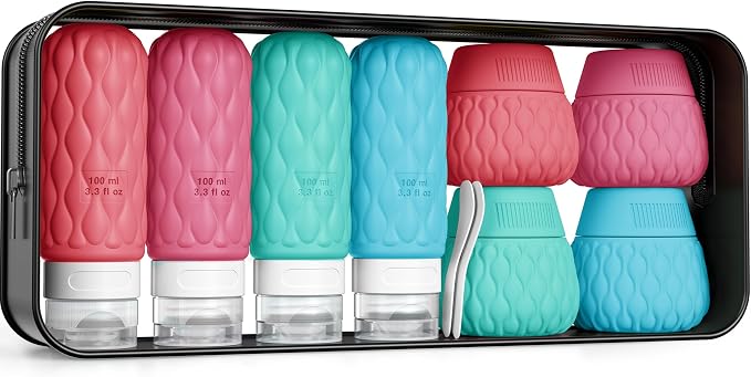 Silicone Travel Bottles for Toiletries 8 Pack Travel Size Toiletries 3.4 oz 1.7 oz, Leakproof Squeeze Travel Size Containers Refillable Cosmetic Jars Set for Shampoo, Conditioner, Creams