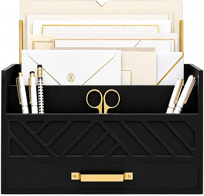 BLU MONACO | Wooden Mail Organizer with Drawer and Gold Handle | Mail Sorter Organizer Countertop for Desk | Outgoing Mail Holder and Letter Sorter for Desk Storage
