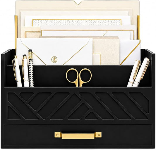 BLU MONACO | Wooden Mail Organizer with Drawer and Gold Handle | Mail Sorter Organizer Countertop for Desk | Outgoing Mail Holder and Letter Sorter for Desk Storage