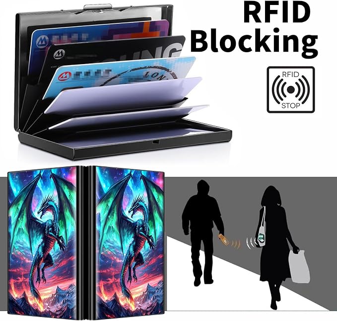Metal Wallet for Women Men Girls, RFID Blocking Slim Aluminum Credit Card Holder, Mini Travel Wallet with Hard Shell, Lightweight ID & Business Card Case,A Dragon