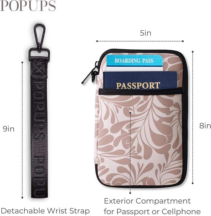 POPUPS Passport Travel Wallet for Women - Large Multiple Document Organizer and Holder with Wristlet - Palm Beige