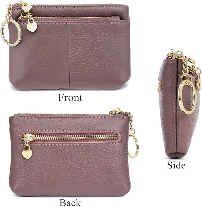 ZOOEASS Women Genuine Leather Zip Mini Coin Purse With Key Ring Triple Zipper Card Holder Wallet