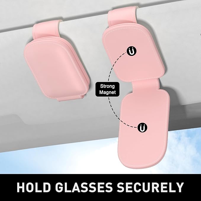 Sunglasses Holder for Car Visor, Magnetic Leather Car Sunglass Holder, Car Sun Visor Glasses Hanger Clip, Car Interior Accessories for Women Men, Fits All Size Eyeglasses