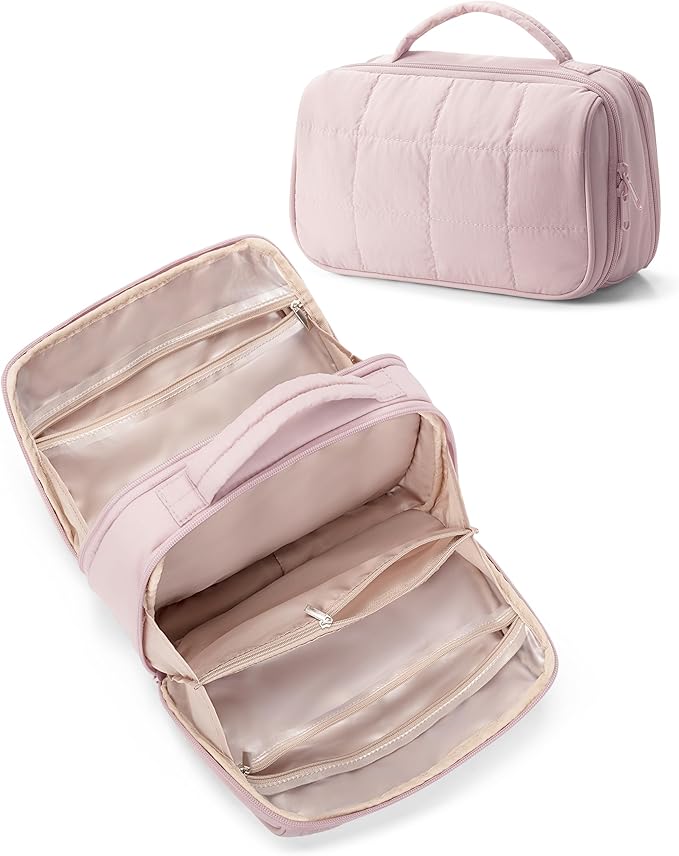Marscamd Travel Makeup Bag for Women, Puffy Cosmetics Organizer with Waterproof Pockets, Toiletry Pouch for Makeup Brushes, Skincare & Travel Essentials, Pink (Bag Only)