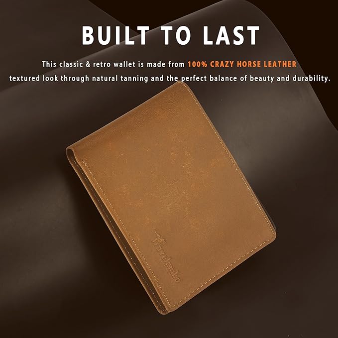 Travelambo Genuine Leather Wallet for Men with Gift Box - Handmade Bifold Stylish - Mens Wallets Rfid Blocking with 2 ID Windows