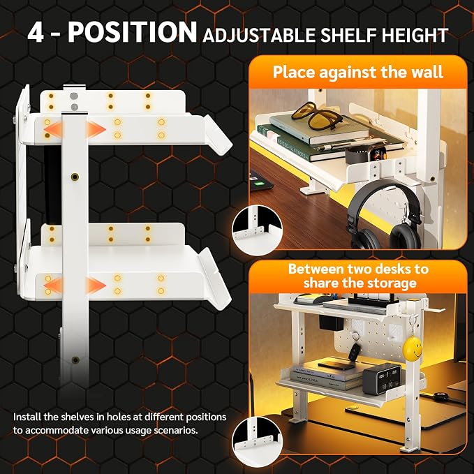 2-Tier Steel Clamp On Desk Shelf, Adjustable 16 inch Desk Storage Shelves with Pegboard and Pencil Holder,Above or Under Heavy Duty Desktop Organizer with Headphone Holder for Desk Accessories (White)