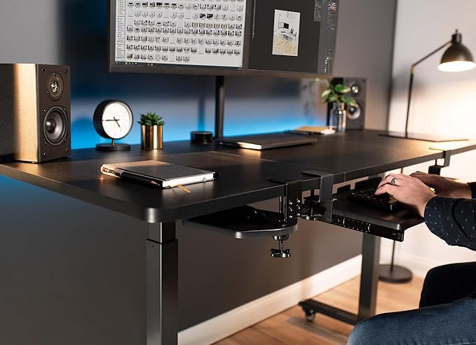 VIVO Clamp-on Wooden Mouse Pad Holder Platform, Adjustable Under Desk 360° Rotating Tray Rest Extension Attachment, up to 2 inch Desktops, Black, MOUNT-MS01B