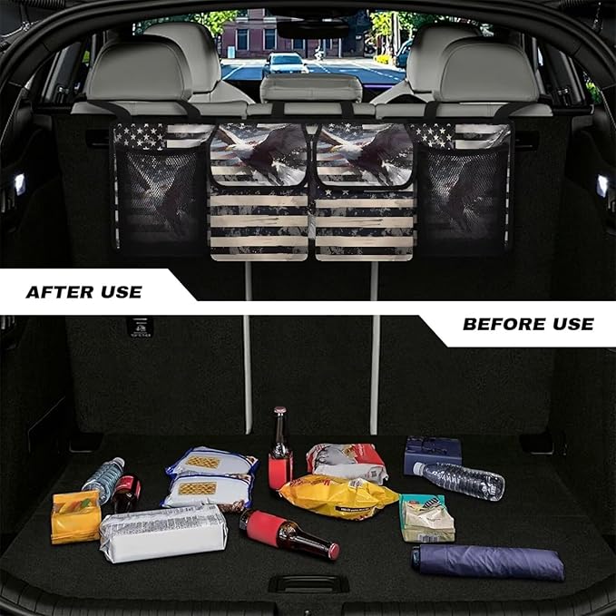 Hanging Organizer for Car Trunk American Flag Eagle Auto Back Seat Storage Bag with 2 Pockets 2 Mesh Pouches Collapsible Detachable Automotive Interior Accessories