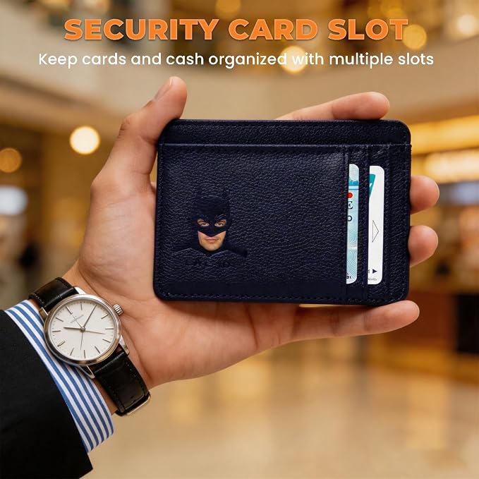 Leather Bat Wallet for Men and Women Personalized Wallet,Design with Cut-out Face,Slim Bat ID Wallet for Quick Access,Multiple Card Slots and Cash Compartments, Best Gift for Holiday（Dark Blue）