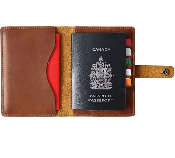Genuine Full Grain Leather Passport Holder, Slim Bifold with Snap Button Closure, 5 Card Slots, Men's Travel Wallet (BLACK)