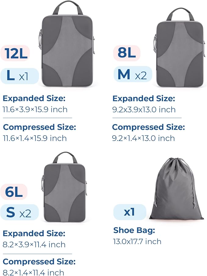 BAGSMART Compression Packing Cubes for Travel, Compressible Luggage Organizer for Cruise Ship, Lightweight Travel Essentials 6-Pack 1L+2M+2S+1Shoe Bag