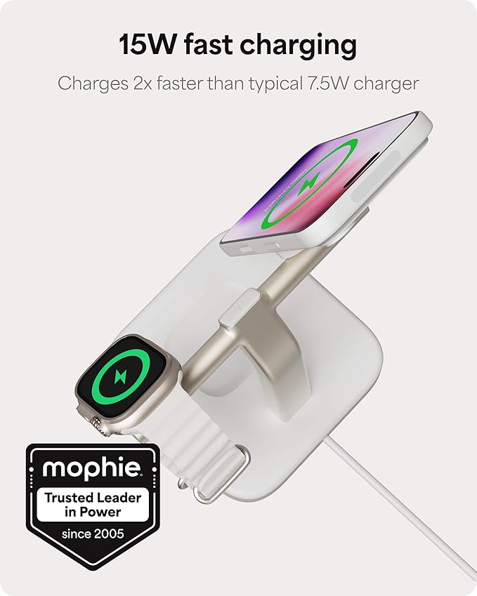 Mophie 3-in-1 Wireless Charging Stand - Qi2-Certified, MagSafe Charger for iPhone, Apple Watch & AirPods – Fast Charging Station with Adjustable Phone Stand & Cable Management – Up to 15W Power, White