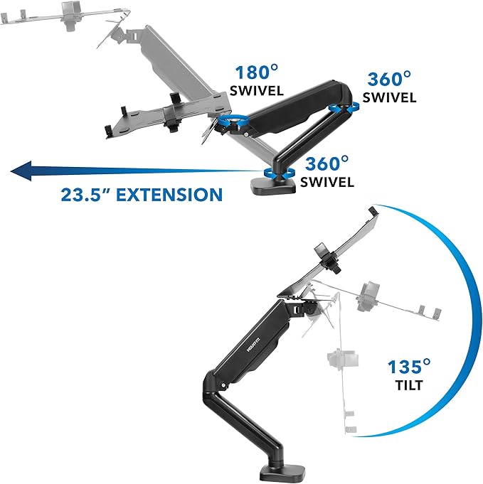 Mount-It! Laptop Desk Mount Arm with Gas Spring, Height Adjustable Laptop Stand for Desk, Fits Laptops up to 17 Inch, Full Motion Laptop Tray Mount with Clamp or Grommet Installation