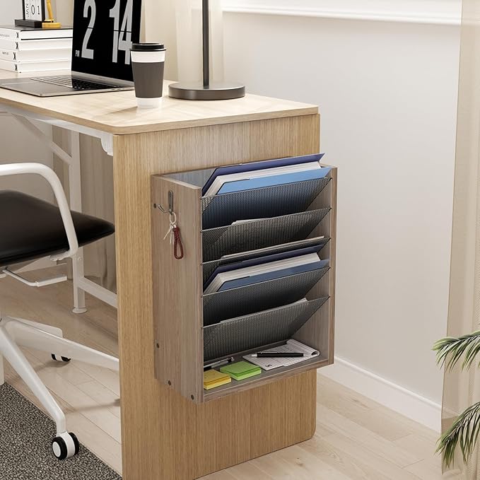Mail Organizer Wall Mounted, 6-Tier Wall File Organizer with 2 Hooks, Wooden Desk Organizer Magazine Holder with Bottom Flat Tray, for Office Home, Greige