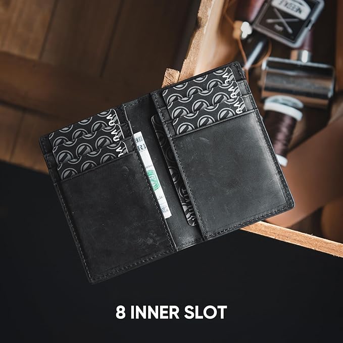 VULKIT Bifold Front Pocket Slim Wallet RFID Blocking Minimalist Thin Genuine Leather Credit Card Holder Wallet for Men and Women Black