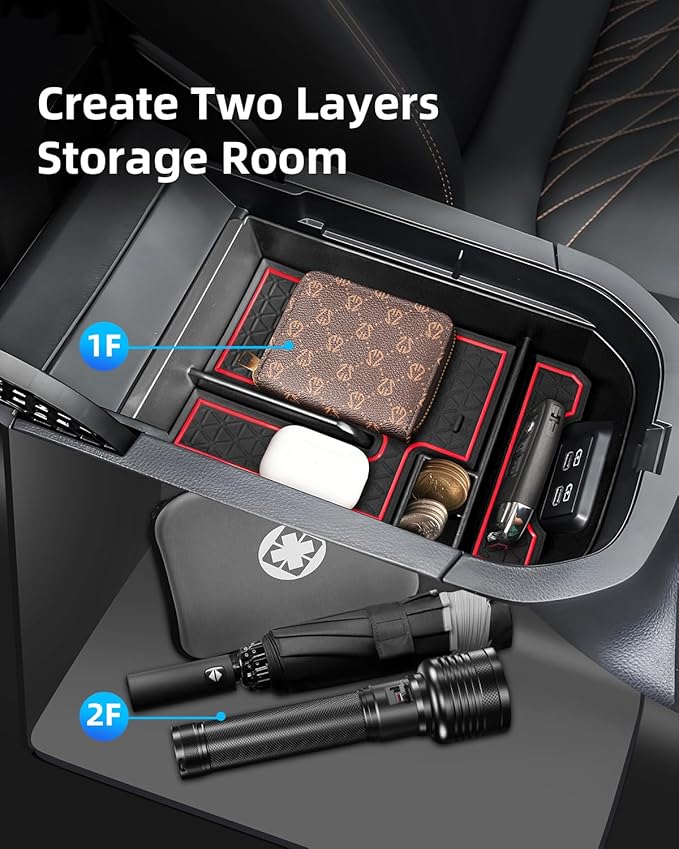 Armrest Organizer and Center Console Organizer for 2025-2020 Toyota RAV4, Center Console Organizer with Removable Rubber Mat, Center Console Tray Custom for Toyota RAV4 Accessories, Red