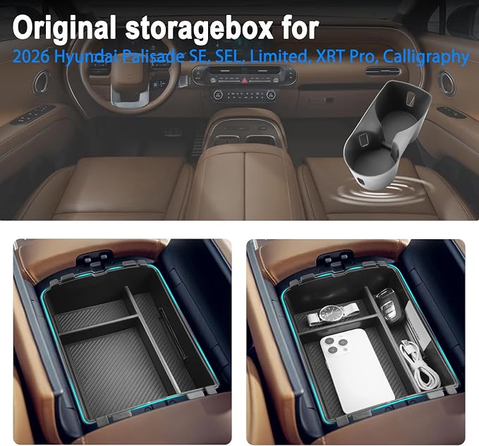 SHAOHAO 2Pcs for 2026 Hyundai Palisade Center Console Organizer & Lower Organizer Tray for 2026 Hyundai Palisade Calligraphy Accessories Console Tray Armrest Storage Box Easy Removal (Only for 7-Seat)