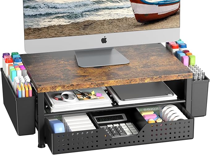 Wood Metal Monitor Stand Riser, Laptop Stand for Desk, Office Desk Organizer and Accessories, Computer Desktop Shelf with Drawer and Pen Holder, Printer Stand for Home, Office, Dorm (Brown)