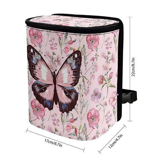 Biyejit Pink Butterfly Floral Car Trash Can with Lid Collapsible Reusable Waterproof Car Garage Bag, Automotive Garbage Can, Car Accessories Interior Car Organizer with Adjustable Straps