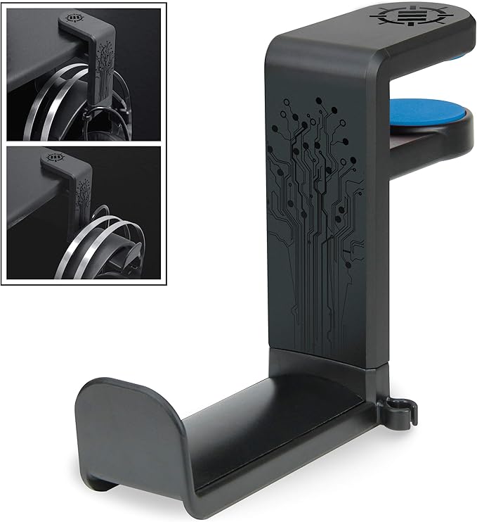 ENHANCE PC Gaming Headphone Holder - Desk Headphone Hanger Esports Headset Holder with Adjustable 360 Rotation, Under Desk Hook Clamp, Universal Fit - Built in Cable Clip Organizer - Black