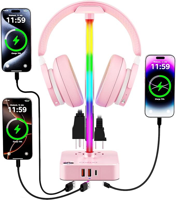 cozoo Gifts for Teen Girls Cute Pink RGB Headphone Stand & Charging Station, 3 USB 2 AC Outlets - Stylish Gaming Headset Holder, Desk & Game Room Decor, Christmas Gifts for Girlfriend, Women, Gamers