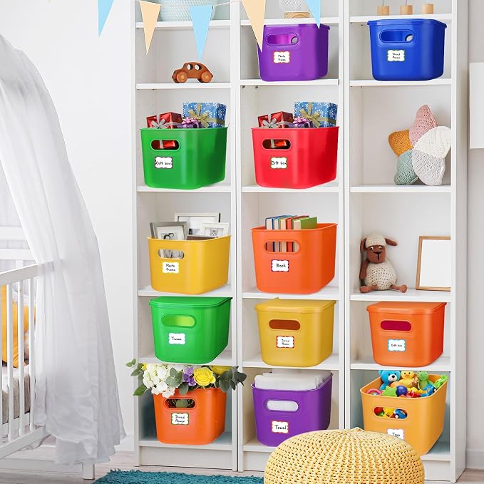 Thyle 24 Pack Colorful Plastic Storage Bins with Lids 7 Quart Vibrant Colored Toy Storage Box Stackable Nestable Organizer Box with Handle and Label for Classroom Shelf Bedroom Desktop School Supplies