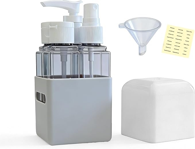 4-in-1 Square Refillable Cosmetic Container Kit, Leak Proof Portable Travel Toiletry Bottles, TSA Approved Travel bottles, Empty Jars for Cosmetics Lotion Shampoo (Light Grey)