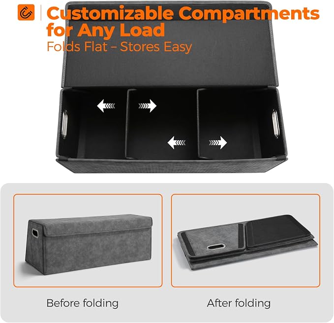 Fyzeoty Car Organizers and Storage - Trunk Organizer for Suv Car,Car Trunk Leather Storage Box,Extra Large,Magnetic Lid,Collapsible and Adjustable Trapezoidal - Grey