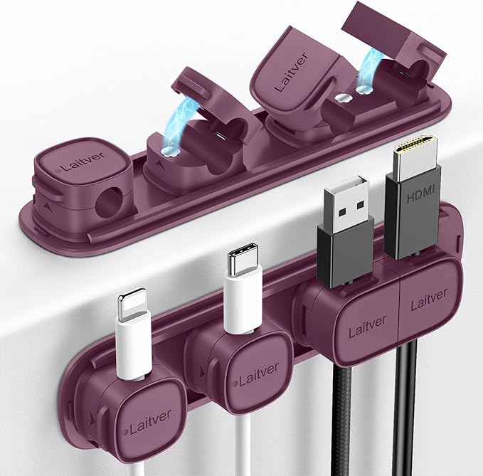 6 Pack Magnetic Cable Clips [1s Open/Lock], Laitver Cord Organizer Holder Strong Adhesive Desk Cable Management- Organize Charging Cords Neatly for Home, Office, Car,Desk, Nightstand-Dark Purple