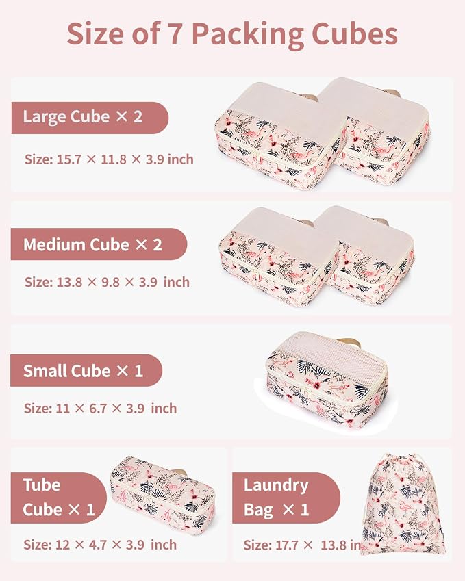 Narwey 7 Set Packing Cubes for Travel, Durable Packing Organizers for Kids Women Men, Carry on Luggage Travel Essentials Accessories (Beige Flamingo)