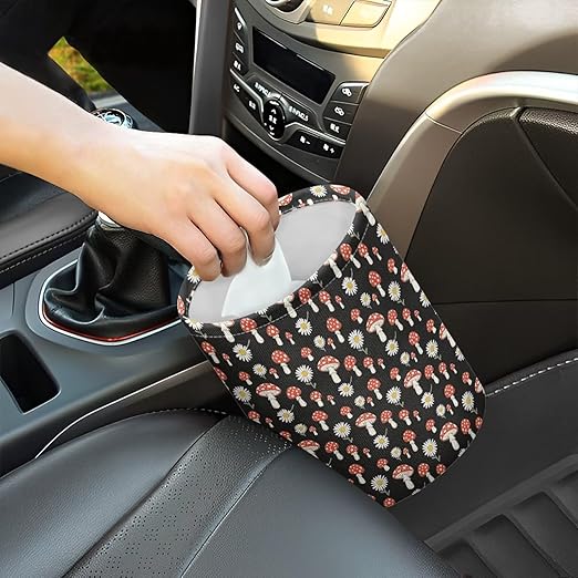 Mushroom Daisy Printed Car Waste Basket Can Universal Waste Basket Bin Waste Auto Basket Can with Adjustable Strap Hanging for Office, Kitchern
