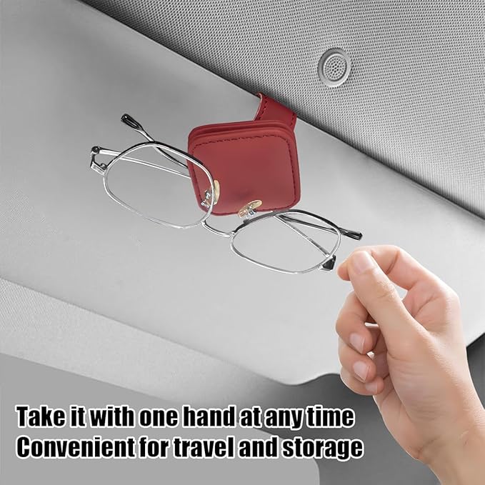 Sunglasses Holder for Car Visor, Magnetic Leather Vehicle Glasses Ticket Card Clip, Automotive Interior Eyeglass Hanger Organizer Accessories, Universal for SUV, Sedan, Truck (Wine Red)