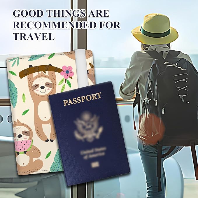 Passport Holder for Travel Essentials, RFID Premium Leather Passport Wallet Cover Case for Travel Must Haves Accessories, Passport Book Holders for Women Men Cute Sloth