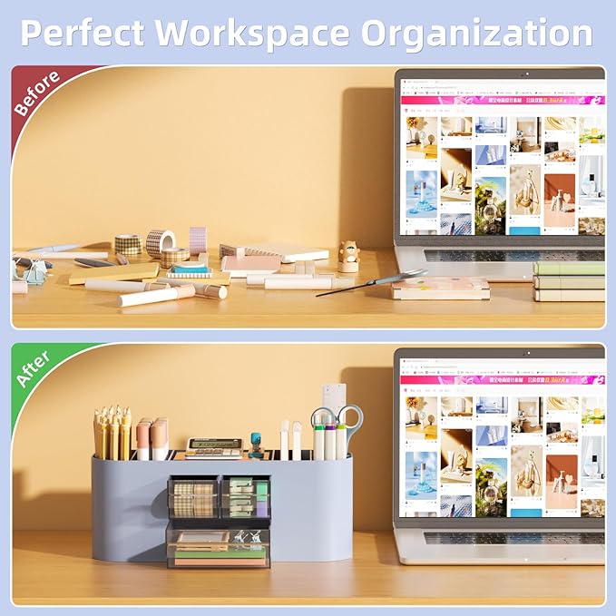 Marbrasse Desk Organizer Pen Holder for Desk with 3 Drawers, Multi-Functional Pencil Holder, Desk Organizers and Accessories with 7 Compartments for Home, School, Classroom(Blue)