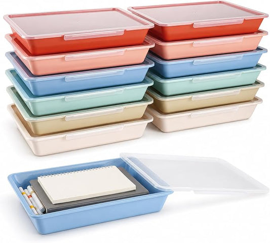 12 Pack Flat Storage Paper Tray with Clear Latching Lid Letter Size Organizer Bin Tray Plastic Latching File Organizer for Classroom Library School Office Teacher Desktop Book Organization (Morandi)