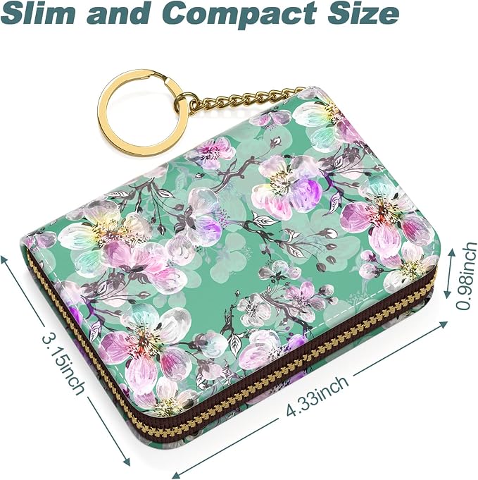 Nipichsha Women's Small RFID Blocking Credit Card Wallet, Plum Flower, Leather, Slim and Compact Size, 12-Slot with Privacy Protection