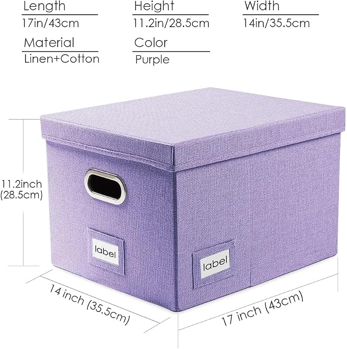 PRANDOM File Organizer Box - Set of 1 Collapsible Decorative Linen Filing Storage Hanging File Folders with Lids Office Cabinet Letter/Legal Purple (17x14x11.2 inch)