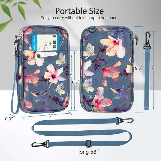 FINTIE Family Passport Holder for Travel, 6 People Big Capacity RFID Blocking Travel Document Organizer Clutch Bag with Pen Holder Keychain Credit Cards Case Cover for Women Men, Blooming Hibiscus