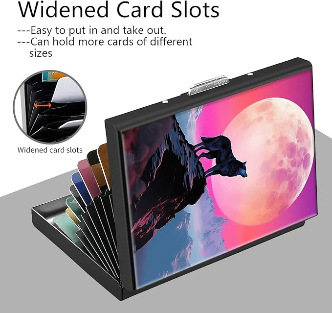 Credit Card Holder, Art Moon Wolf Design Mini RFID Blocking Aluminum Wallet Slim Metal Hard Case Shell Travel Wallet ID Case Small Credit Cards Case Business Cards for Women Men Girls