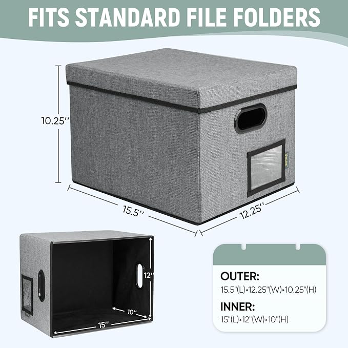 BALEINE File Organizer Box with Lid, Collapsible File Folder Organizer with Plastic Slide, Filing Box for Office Home Document Organizer Storage (Gray, 1PK)