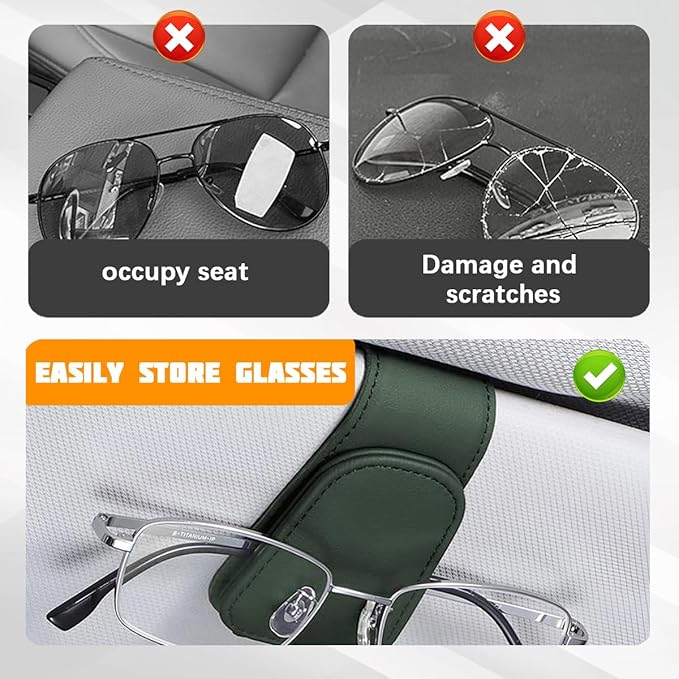 Sunglasses Holder for Car Visor, Microfiber Leather Magnetic Sun Visor Eyeglasses Hanger & Ticket Card Clip, Multi-Function Automotive Interior Glasses Mount, Universal Fit (Black Green)