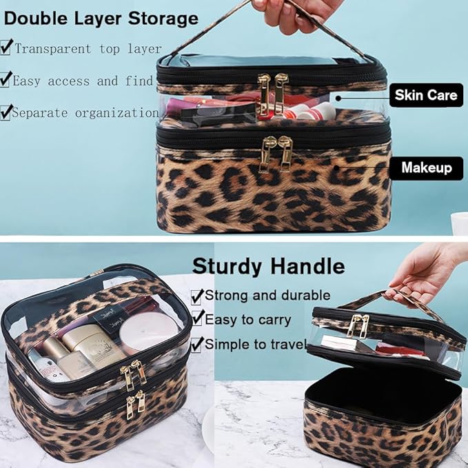 FITINI Makeup Bags Double Layer Travel Large Cosmetic Cases Organizer Toiletry Bags Waterproof Small Zipper Pouch for Women Makeup Brush Storage Bag,Brown Leopard