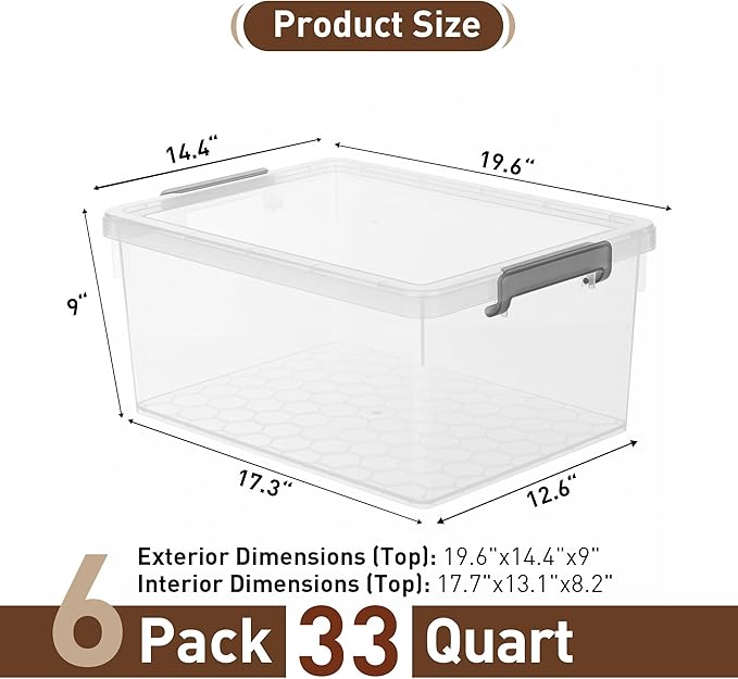 Citylife 33 QT 6 Packs Plastic Storage Bins with Lids and Secure Latching Buckles Clear Stackable Storage Containers for Organizing Durable Storage Box
