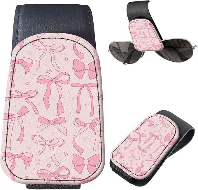 Sunglasses Holder for Car Visor, PU Leather Glasses Clip Organizer, Cute Magnetic Eyeglass Holder for Vehicle Sun Visor, Car Interior Accessory for Women & Men Pink Ribbon Pattern
