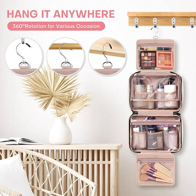 HXLGMD Travel Size Toiletry Bag for Women, Portable Cosmetic Bag with Hanging Hook, Travel Essentials Water-resistant Makeup Organizer for Accessories, Shampoo, Full-size Container, Toiletries